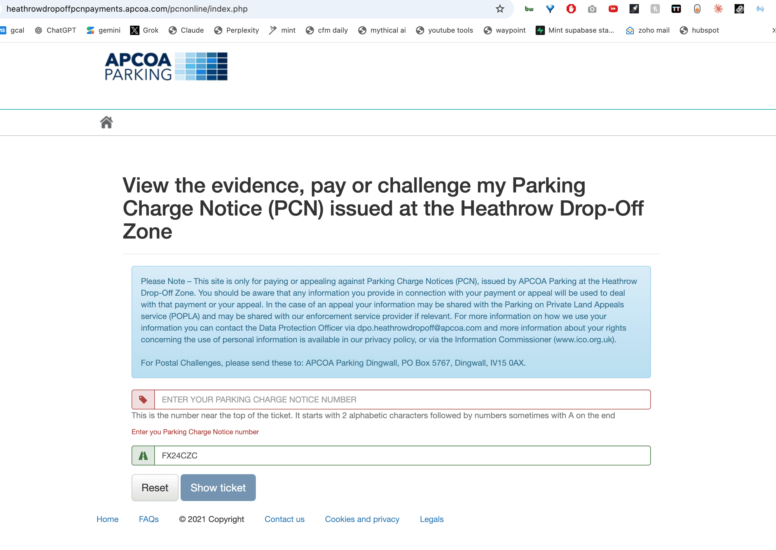 APCOA Parking payment page requiring a Parking Charge Notice number before the ticket can be shown
