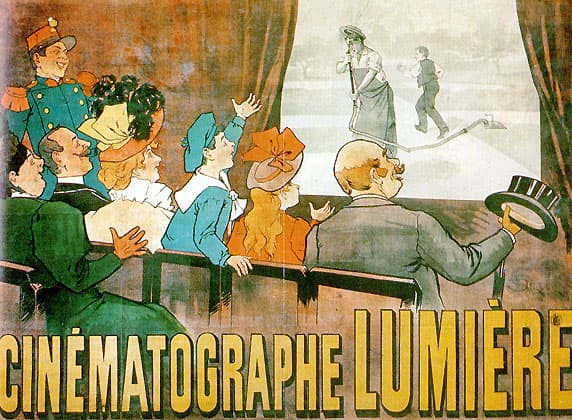 An 1895 poster for the Lumière Cinématographe, showing an audience watching a moving picture.