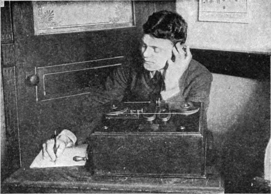 An early Marconi magnetic detector being used to receive a wireless signal.