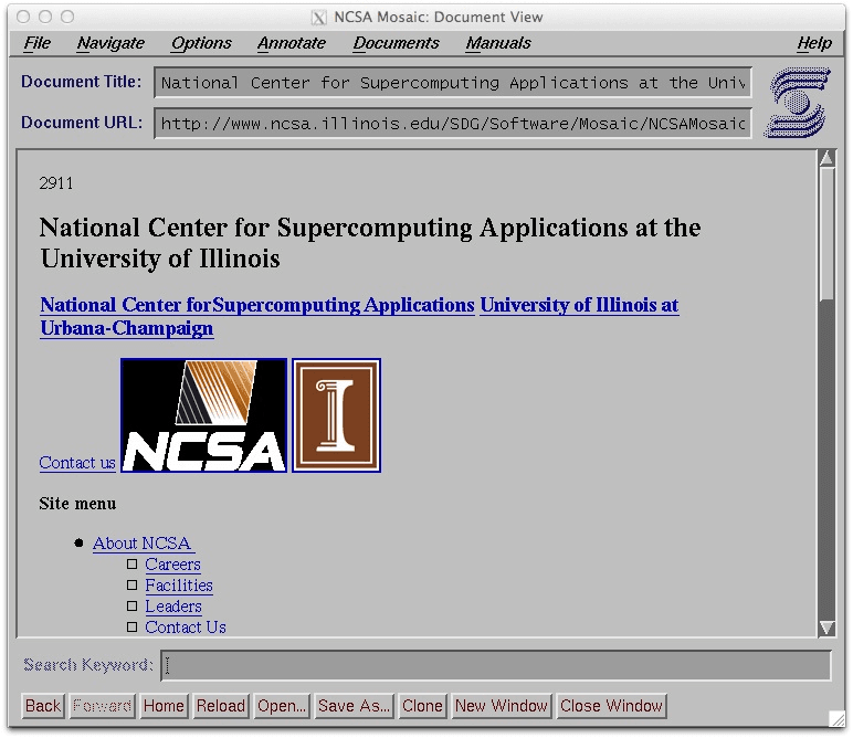 NCSA Mosaic, an early graphical web browser, displaying the NCSA website.