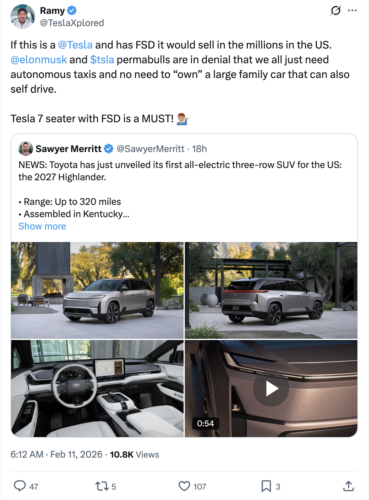 Tweet from @TeslaXplored about a Tesla 7-seater with FSD